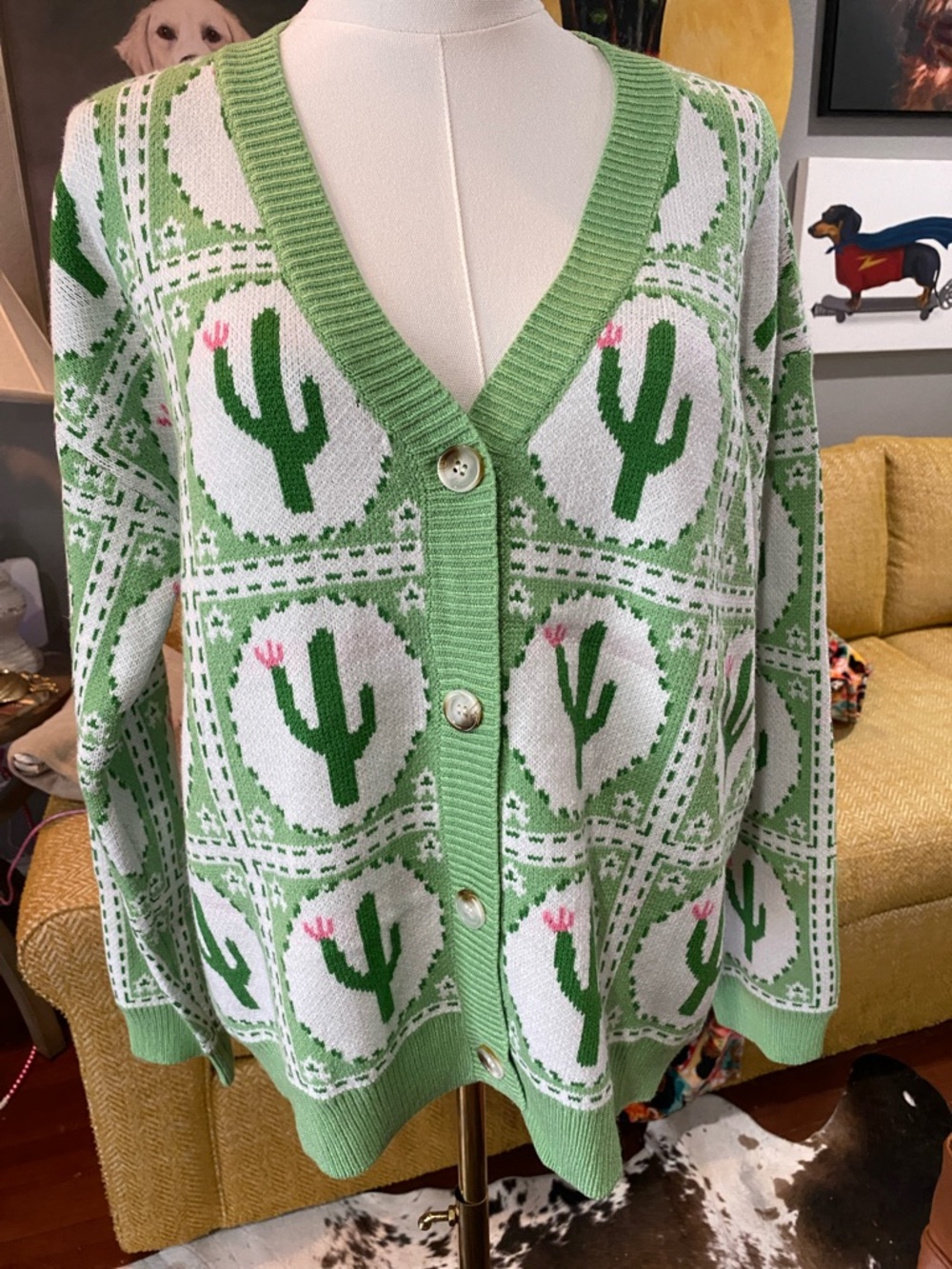 Green Cactus Print V-Neck Button-Front Cardigan Sweater